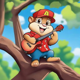 Dax, an Alvin the Chipmunk lookalike, in old school cartoon style, playing a tiny guitar while sitting on a tree branch in a valley. The character is clad in a red Hawaiian print shirt and a red baseball cap. Render in flat color with no outlines. Image aspect ratio 2:1.