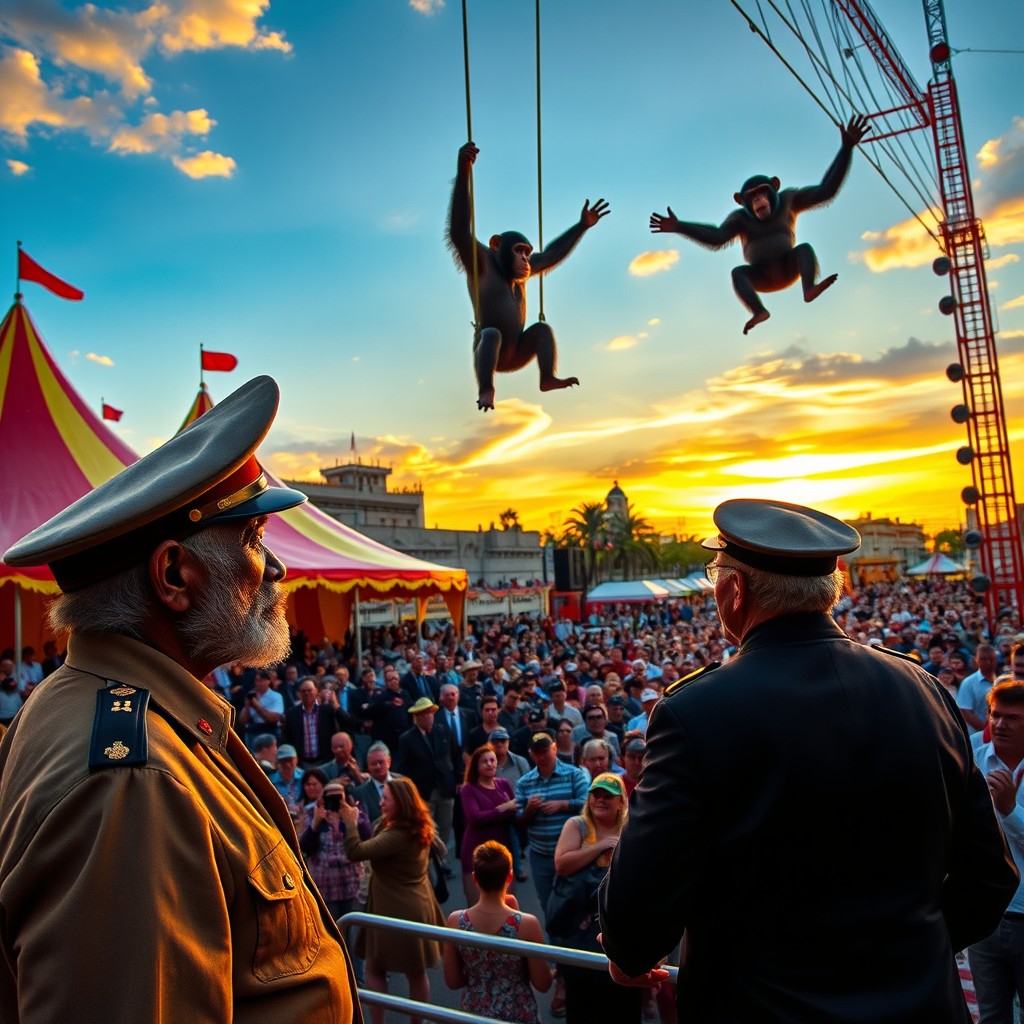 A vibrant circus scene in Cuba under the Havana sky in the Plaza de la Revolución, featuring elegantly dressed chimpanzees as trapeze artists performing acrobatics