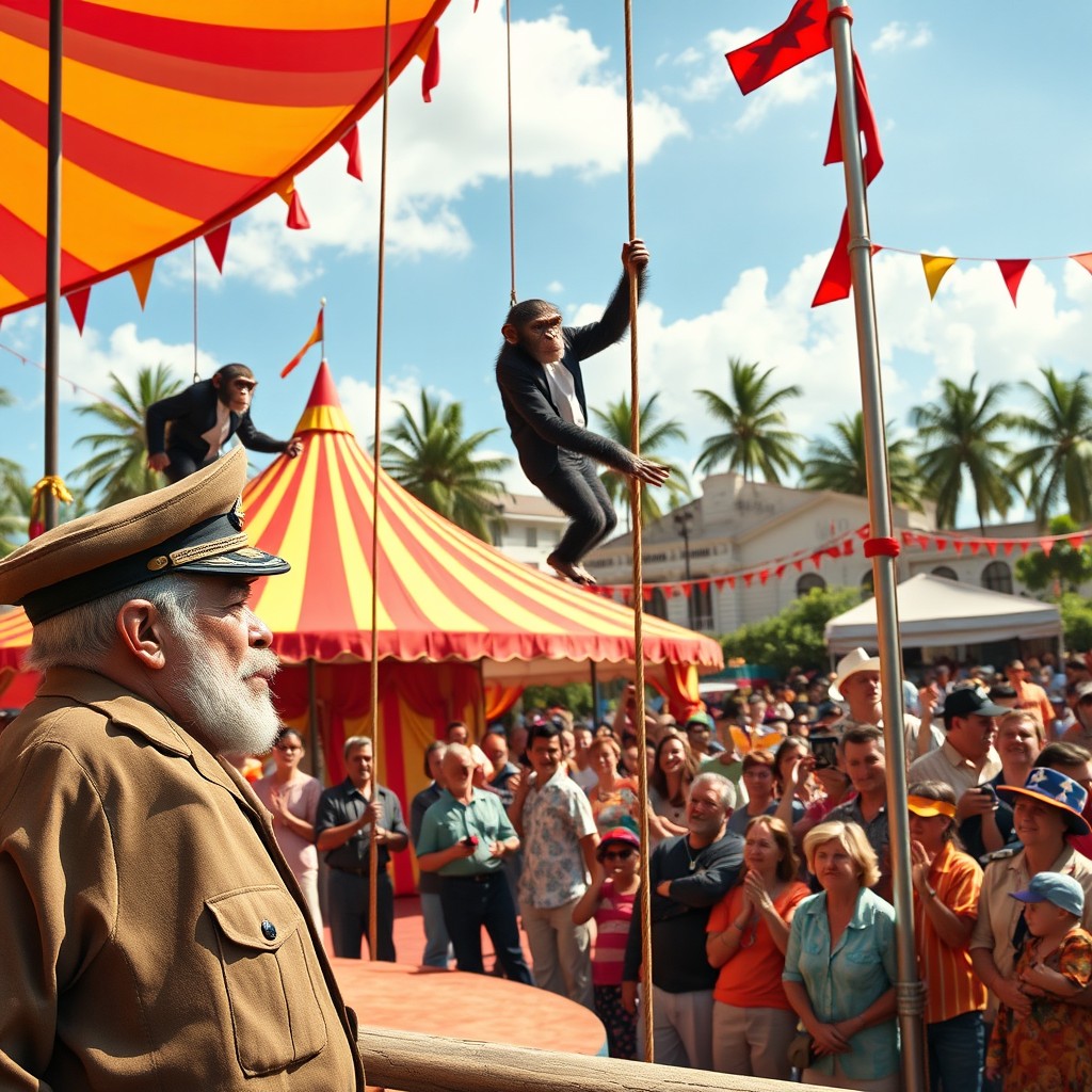 A humorous scene of a circus in Cuba under the bright Havana sky at the Plaza de la Revolución, featuring chimpanzees dressed in formal suits performing as trapeze artists
