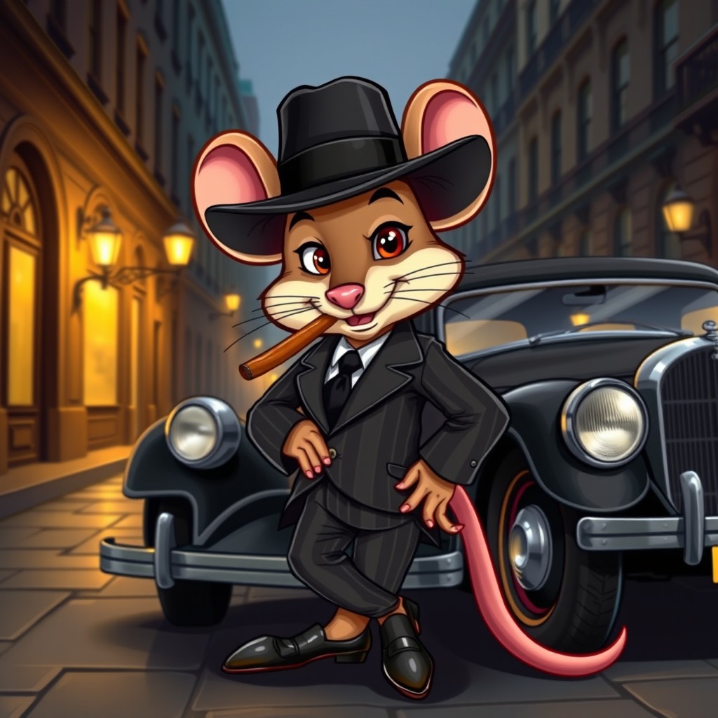 A cartoon-style mouse dressed as a gangster, wearing a stylish black fedora, a pinstripe suit, and shiny shoes