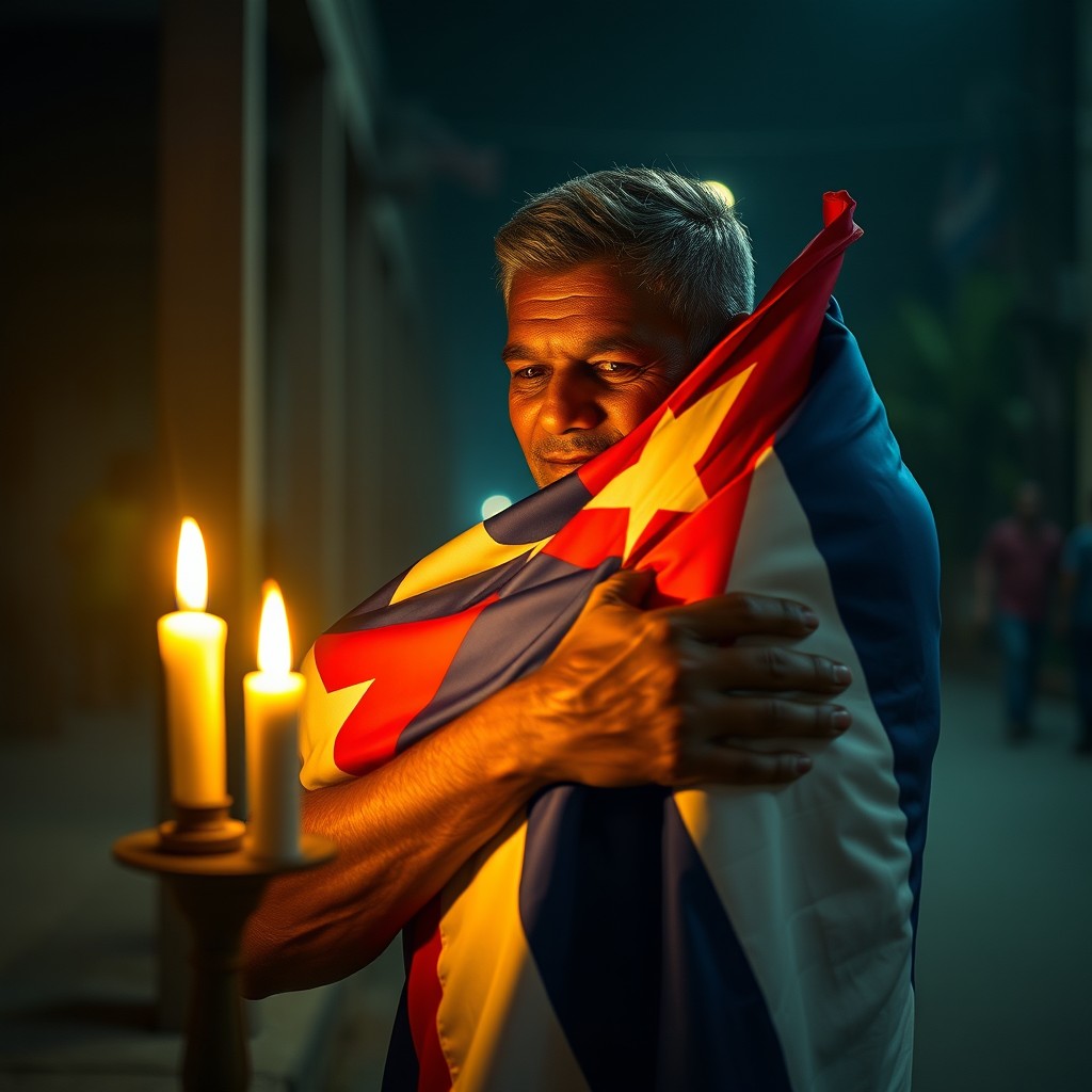 A Cuban man firmly embracing the Cuban flag during a power outage in Cuba, illuminated softly by a candelabrum