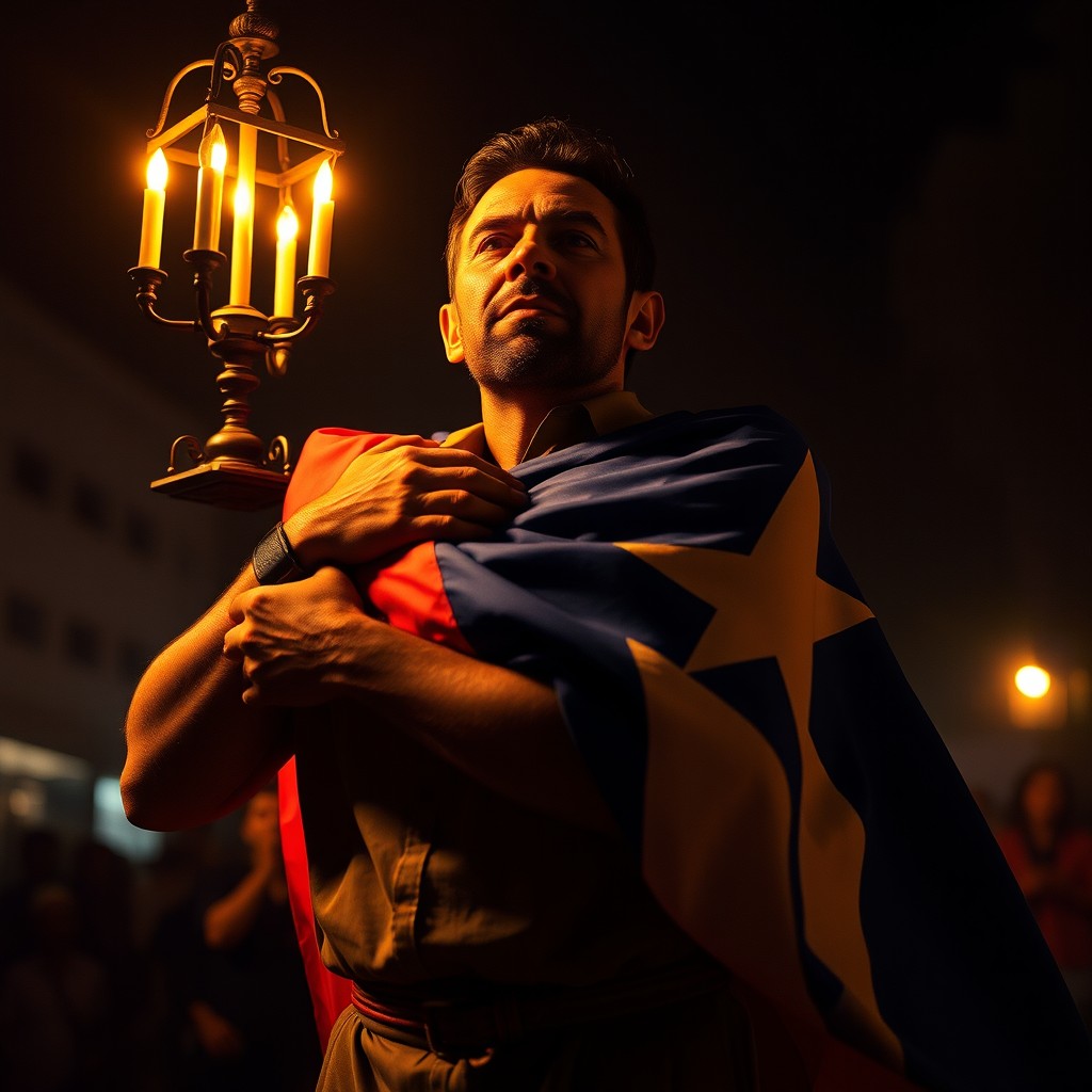 A powerful depiction of a Cuban man embracing the Cuban flag with strength during a blackout in Cuba
