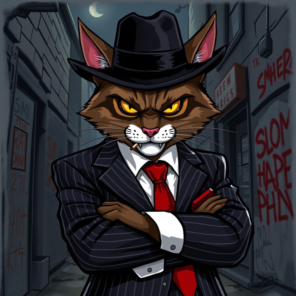A character design of a menacing cat portrayed as a gangster