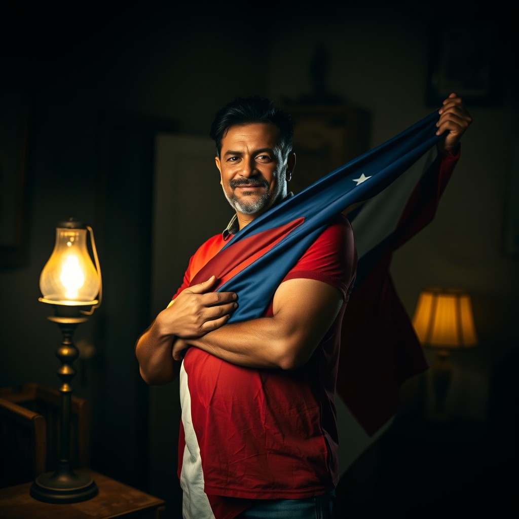 A scene depicting a Cuban blackout, where a proud Cuban man is firmly embracing the Cuban flag