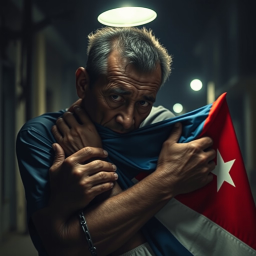 A poignant scene depicting a sad, weary Cuban man tightly embracing the Cuban flag during a blackout in Cuba