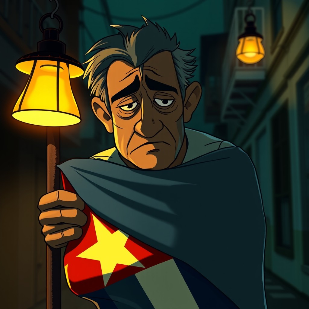 An animated scene depicting a power outage in Cuba, featuring a sad and weary Cuban man embraced tightly around the Cuban flag