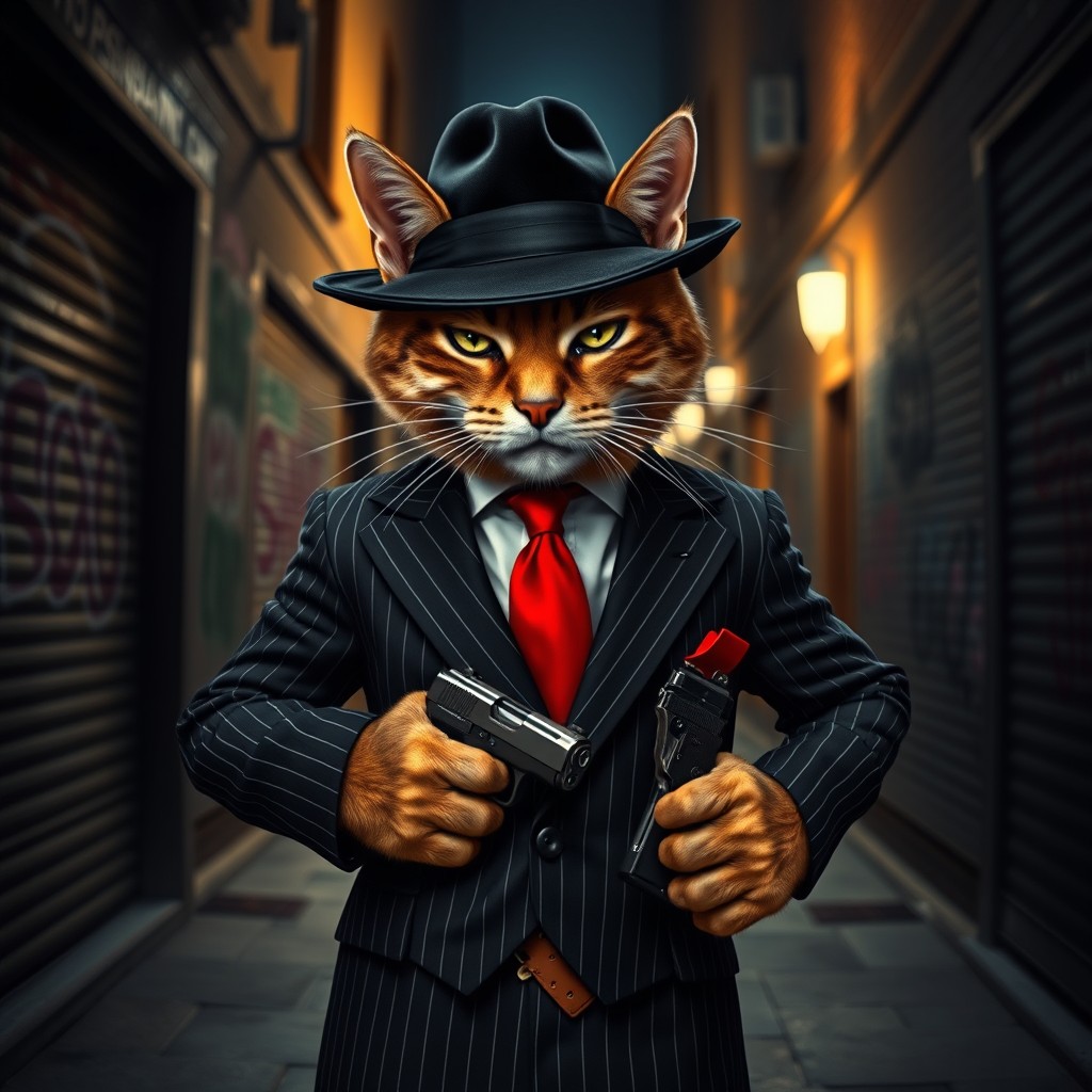 A full-body depiction of a menacing cat portrayed as a gangster