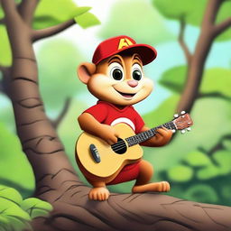 Dax, an Alvin the Chipmunk lookalike, in old school cartoon style, playing a tiny guitar while sitting on a tree branch in a valley. The character is clad in a red Hawaiian print shirt and a red baseball cap. Render in flat color with no outlines. Image aspect ratio 2:1.