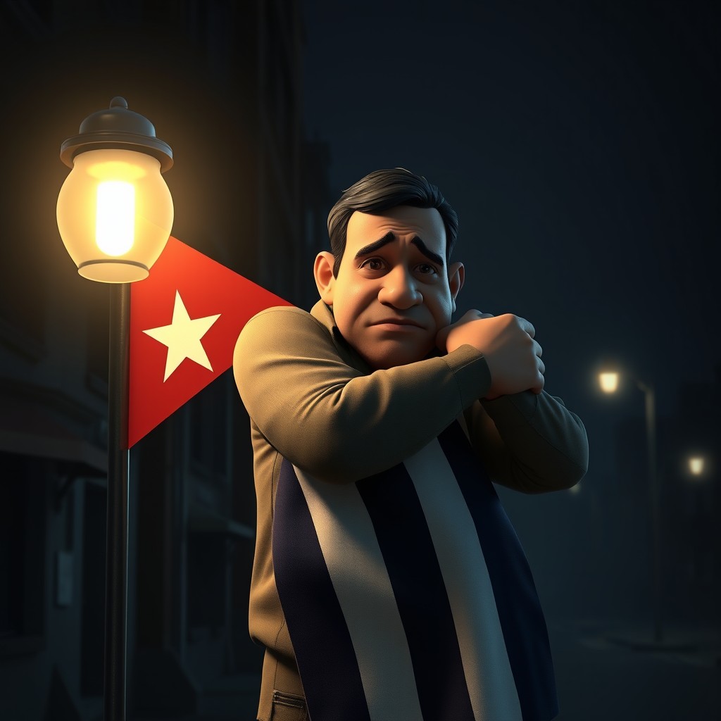 A 3D animated scene depicting a blackout in Cuba, featuring a melancholy and tired Cuban man firmly embracing the Cuban flag
