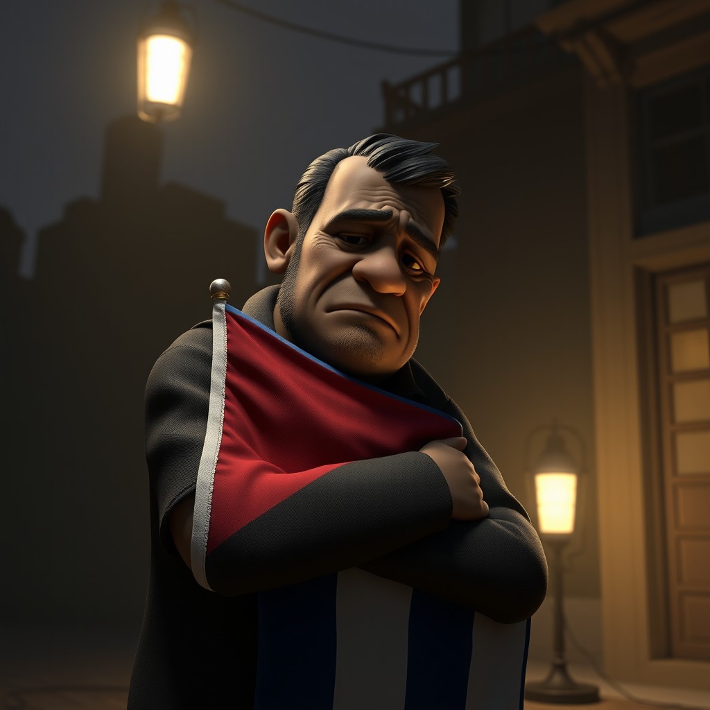 A 3D animated scene depicting a power outage in Cuba, featuring a sad and weary Cuban man tightly embracing the Cuban flag