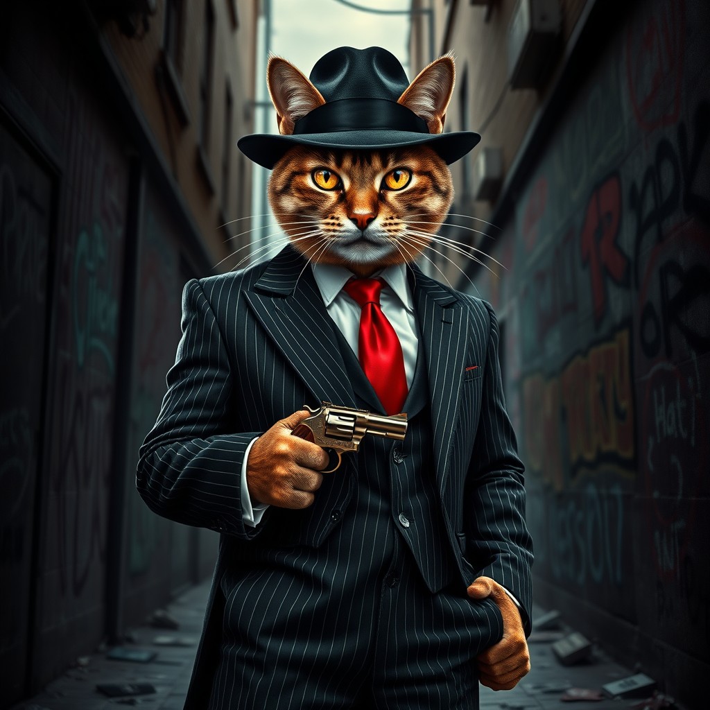 A full-body depiction of a menacing cat as a gangster, showcasing its entire figure from head to toe