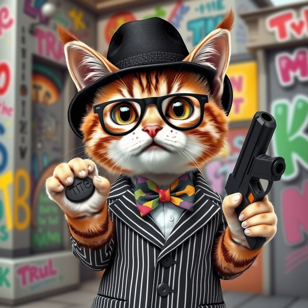 A charming and cute cat portrayed as a gangster, blending sweetness with a tough demeanor