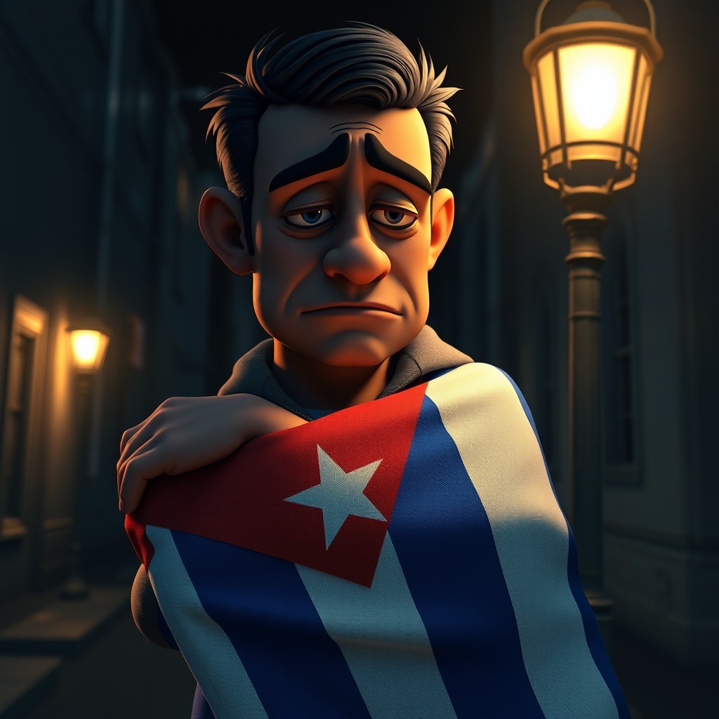 A 3D animated scene depicting a blackout in Cuba, featuring a mestizo Cuban man looking sad and weary, tenderly hugging the Cuban flag close to his body