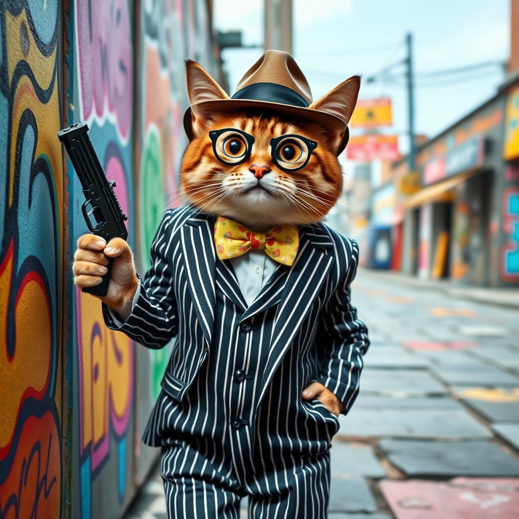 A full-body depiction of a funny cat styled as a gangster, embodying a playful and humorous character