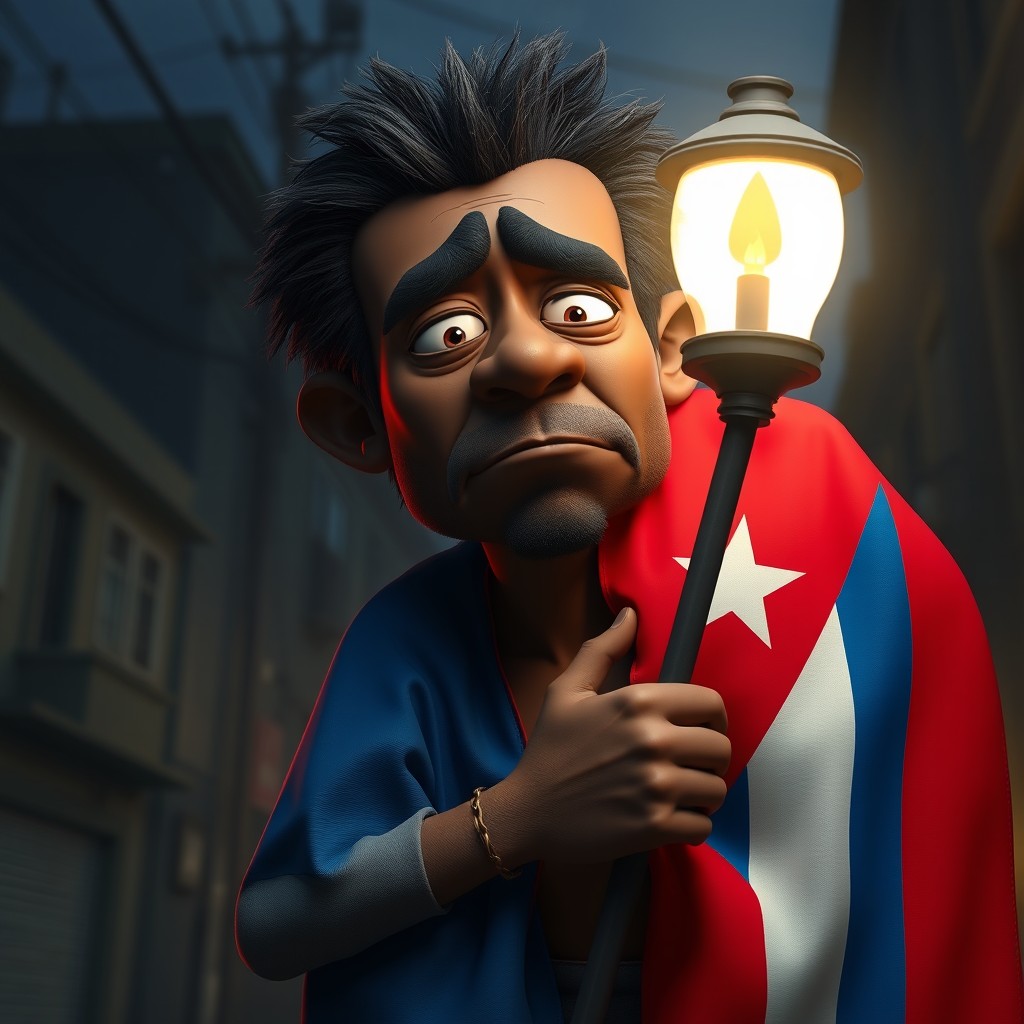 A 3D animated scene depicting a power outage in Cuba, featuring a melancholy and haggard Afro-Cuban man holding the Cuban flag tightly