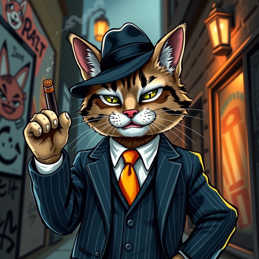 A characterful depiction of a cat styled as a gangster, showcasing a blend of charm and toughness