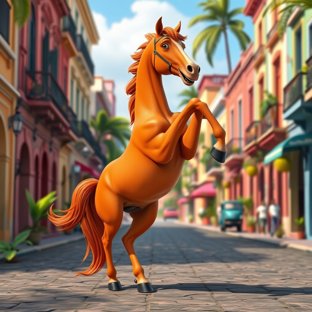 A vibrant 3D animated scene featuring a slim orange warhorse with caramel spots standing on its hind legs in the picturesque backdrop of Old Havana