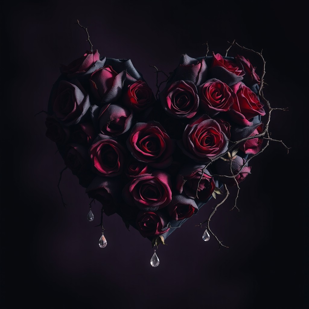 A dark and haunting portrayal of a broken heart made of wilted roses