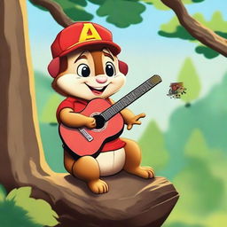 Dax, an Alvin the Chipmunk lookalike, in old school cartoon style, playing a tiny guitar while sitting on a tree branch in a valley. The character is clad in a red Hawaiian print shirt and a red baseball cap. Render in flat color with no outlines. Image aspect ratio 2:1.