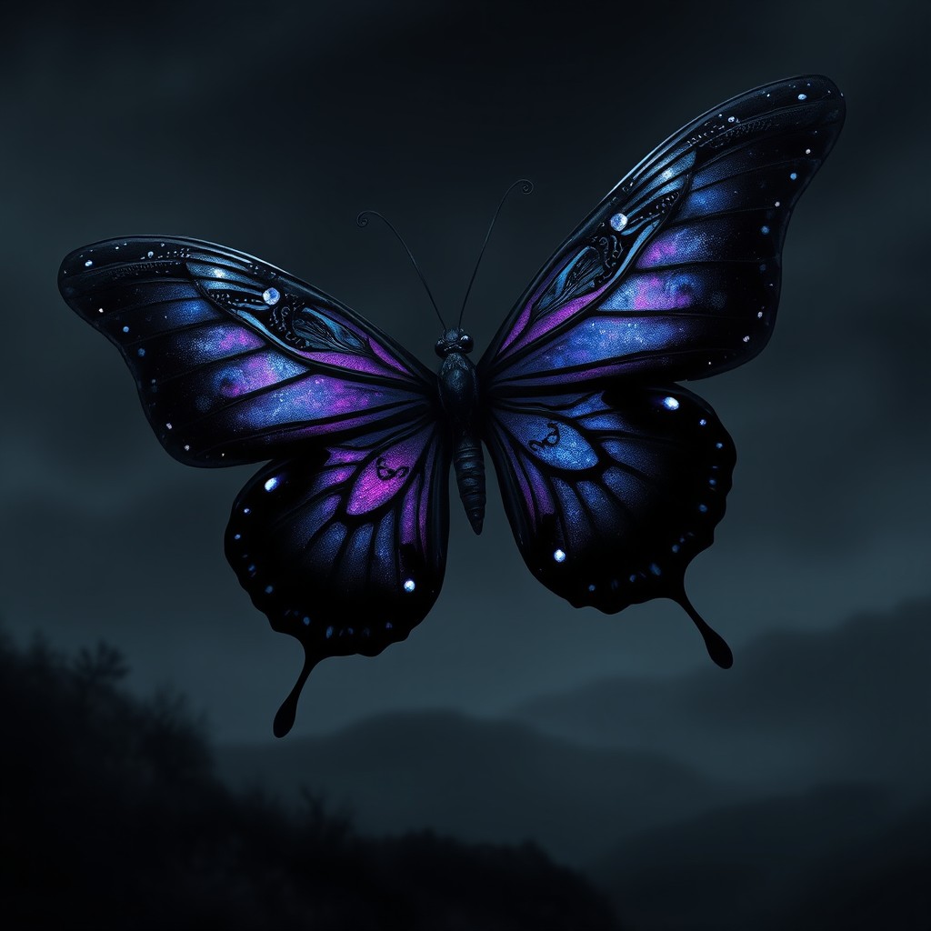 A strikingly dark butterfly, featuring intricate and mesmerizing patterns on its wings