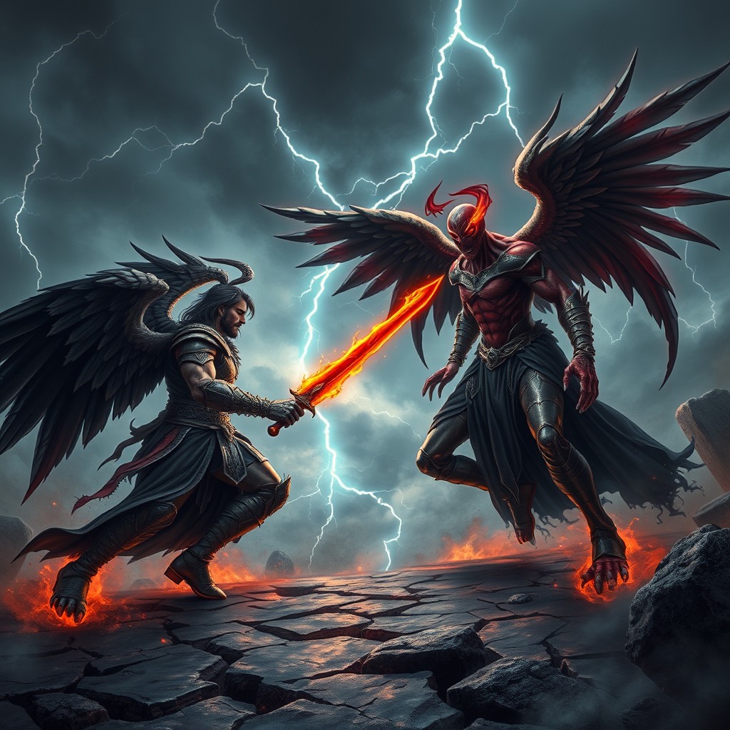 An epic battle scene featuring Samael and Azazel, two powerful and mythical figures from ancient lore
