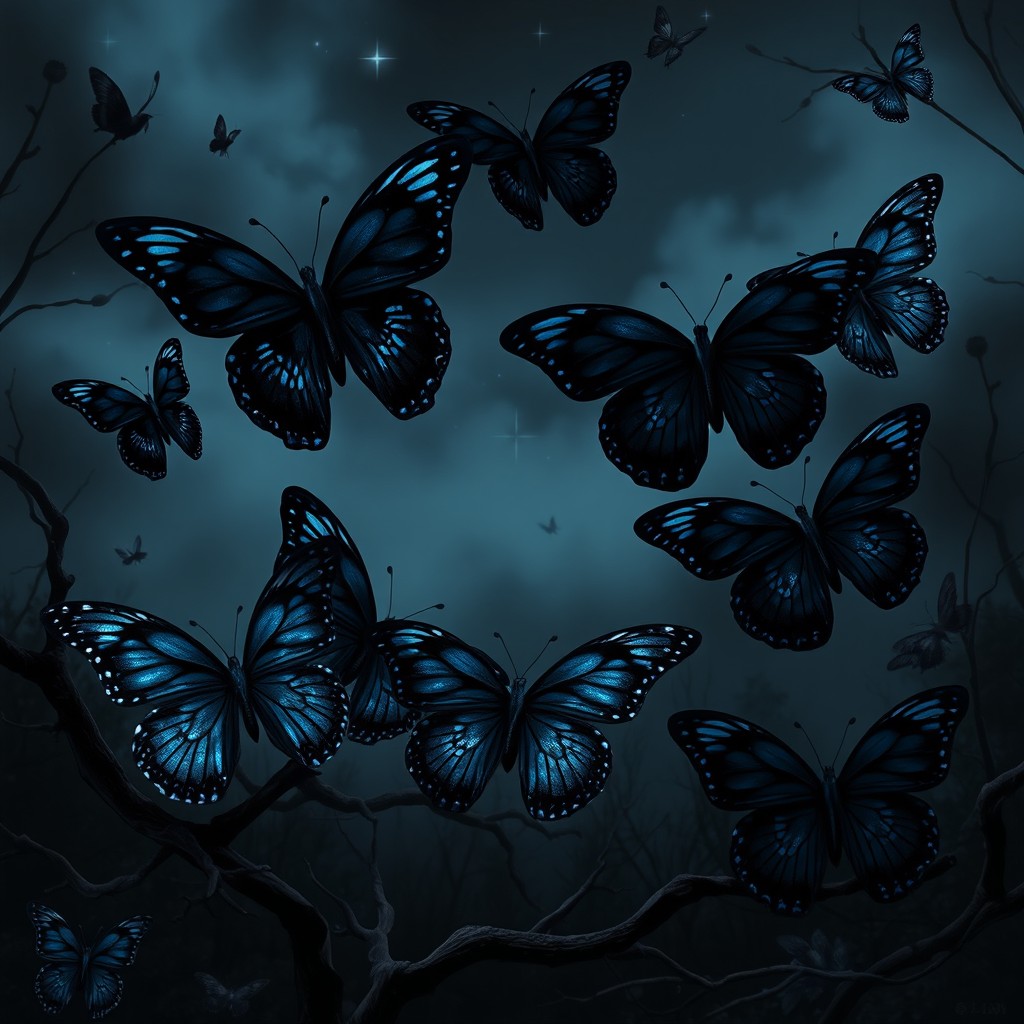 A collection of dark butterflies with intricate and mesmerizing patterns on their wings