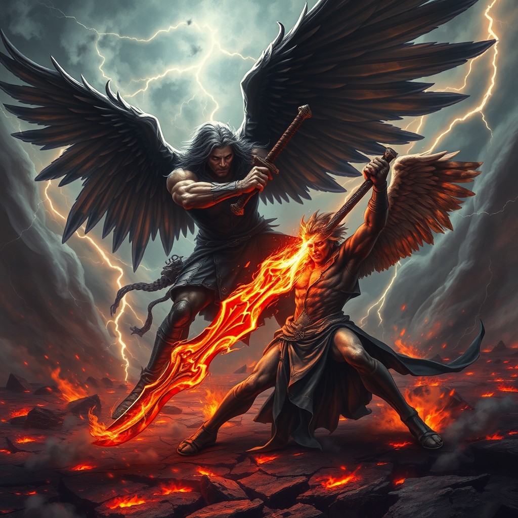 A dramatic scene depicting Samael as he triumphs over Azazel in a fierce battle