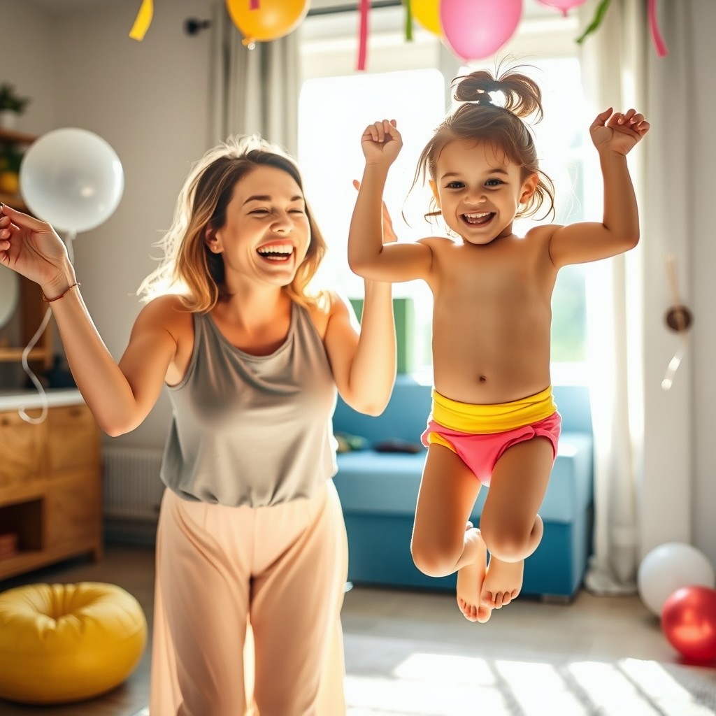 A joyful mother celebrating with her young daughter as they reach a milestone of her successfully potty training