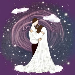 Artistic sketch of a loving couple embraced in a hug, surrounded by symbolic roses, clouds, and stars.