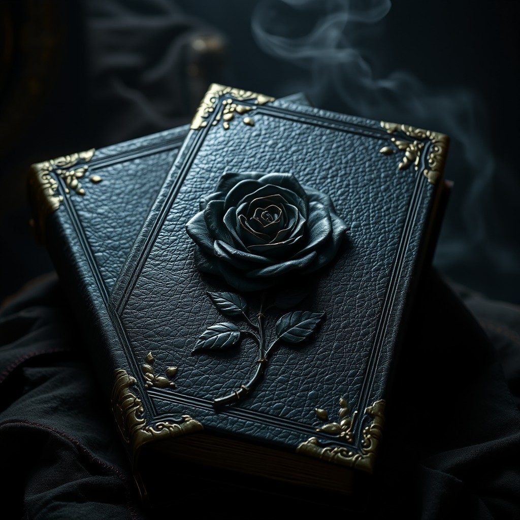 An enchanting dark book with a textured leather cover, featuring a striking black thorned rose embossed on the front