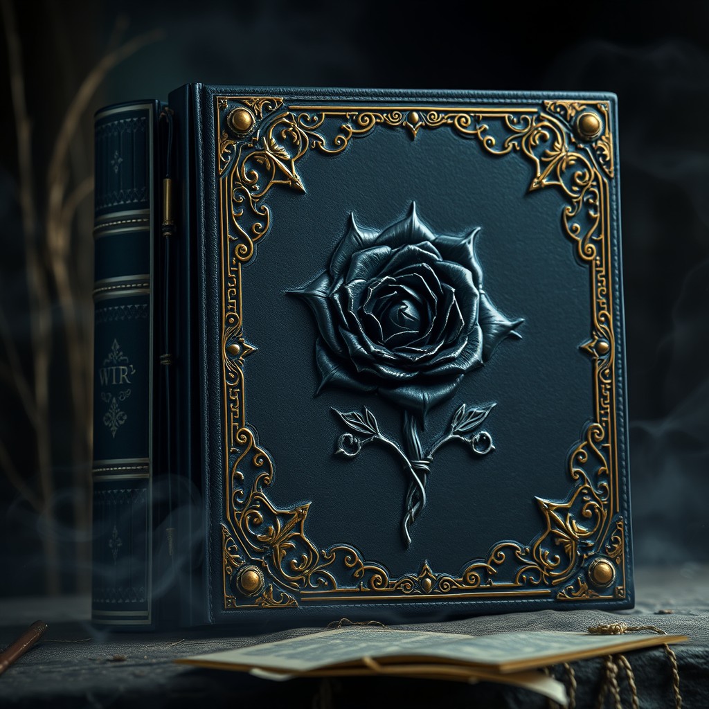 A dark, intricately decorated book with an ornate cover, featuring a striking black thorned rose beautifully embossed in the center