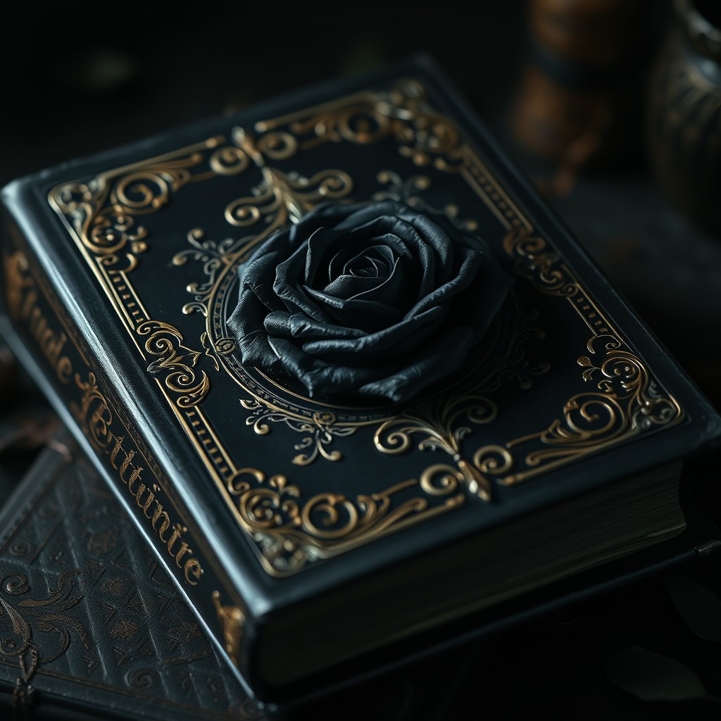A dark, ornately decorated book featuring an intricate cover that showcases a striking black thorned rose in the center