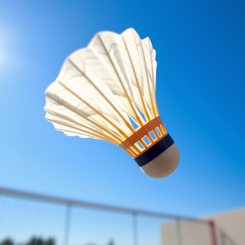 A close-up shot of a shuttlecock gracefully falling through the air against a clear blue sky, its feathers elegantly fanned out and slightly blurred to convey motion