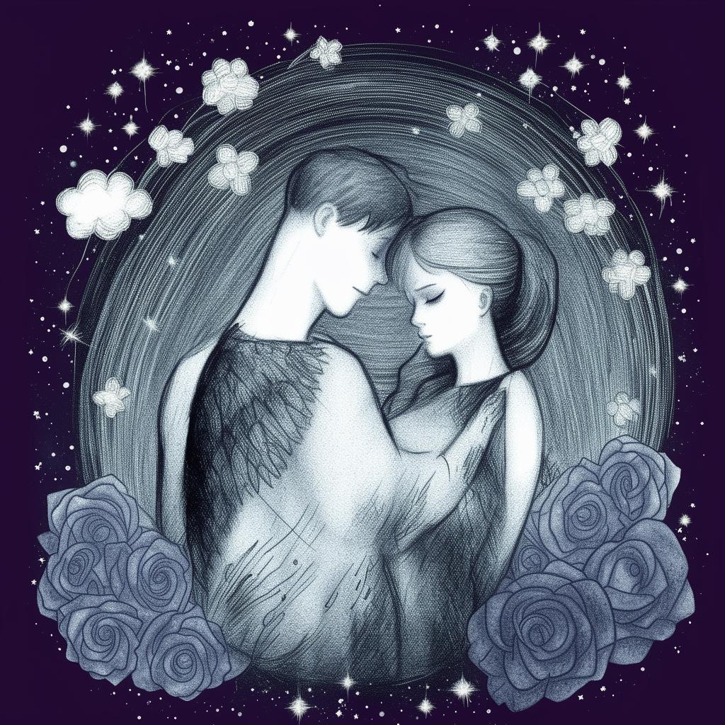 Artistic sketch of a loving couple embraced in a hug, surrounded by symbolic roses, clouds, and stars.