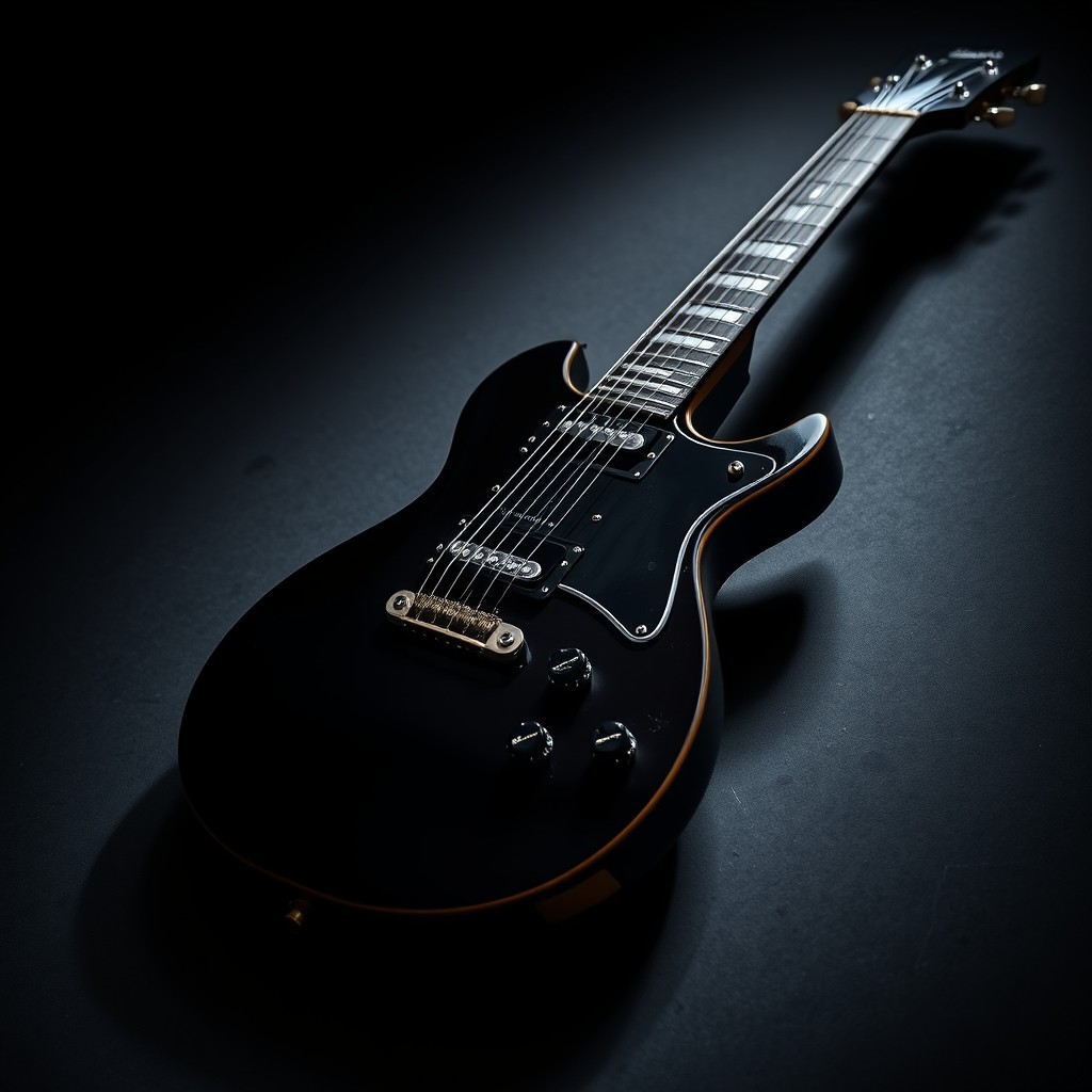 A dark-themed guitar featuring a striking combination of two contrasting colors, set against a moody background that enhances its edgy aesthetic