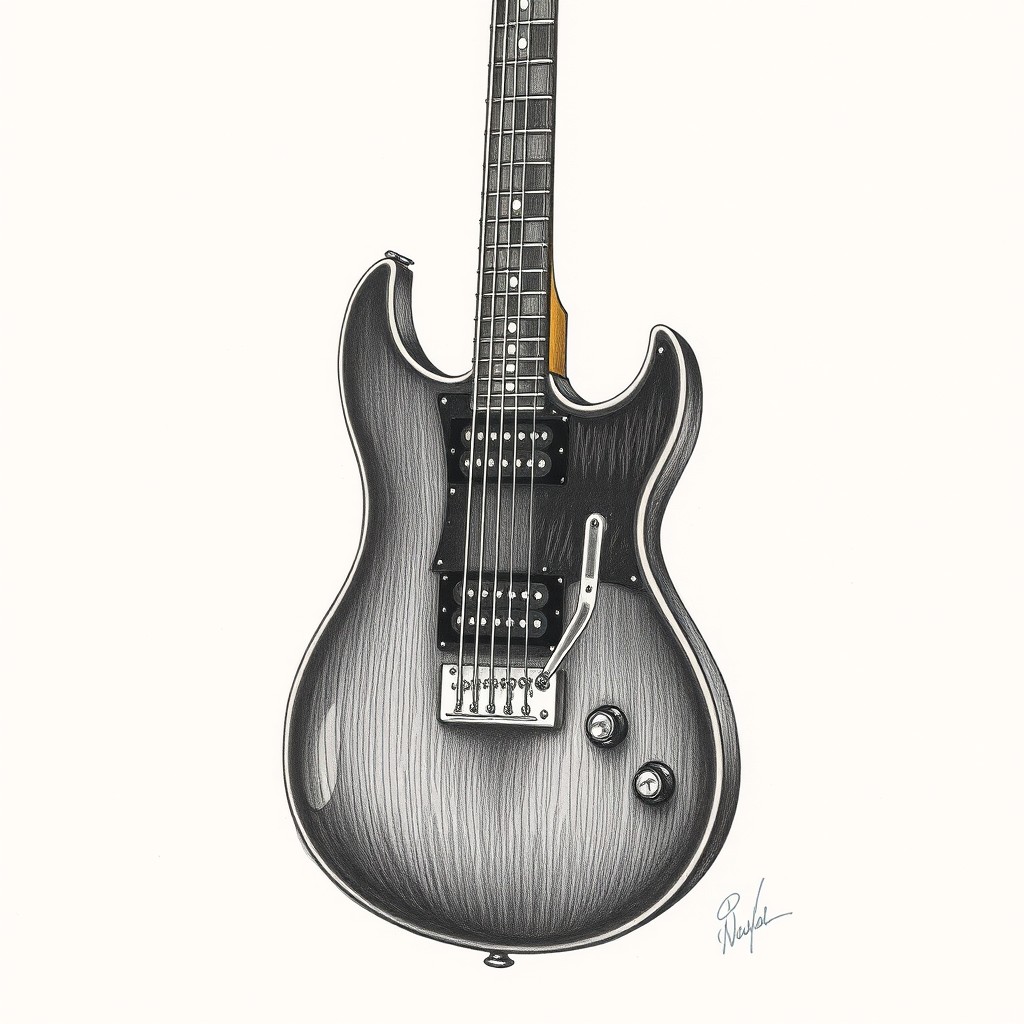 A hand-drawn illustration of a dark-themed guitar featuring a striking combination of two contrasting colors