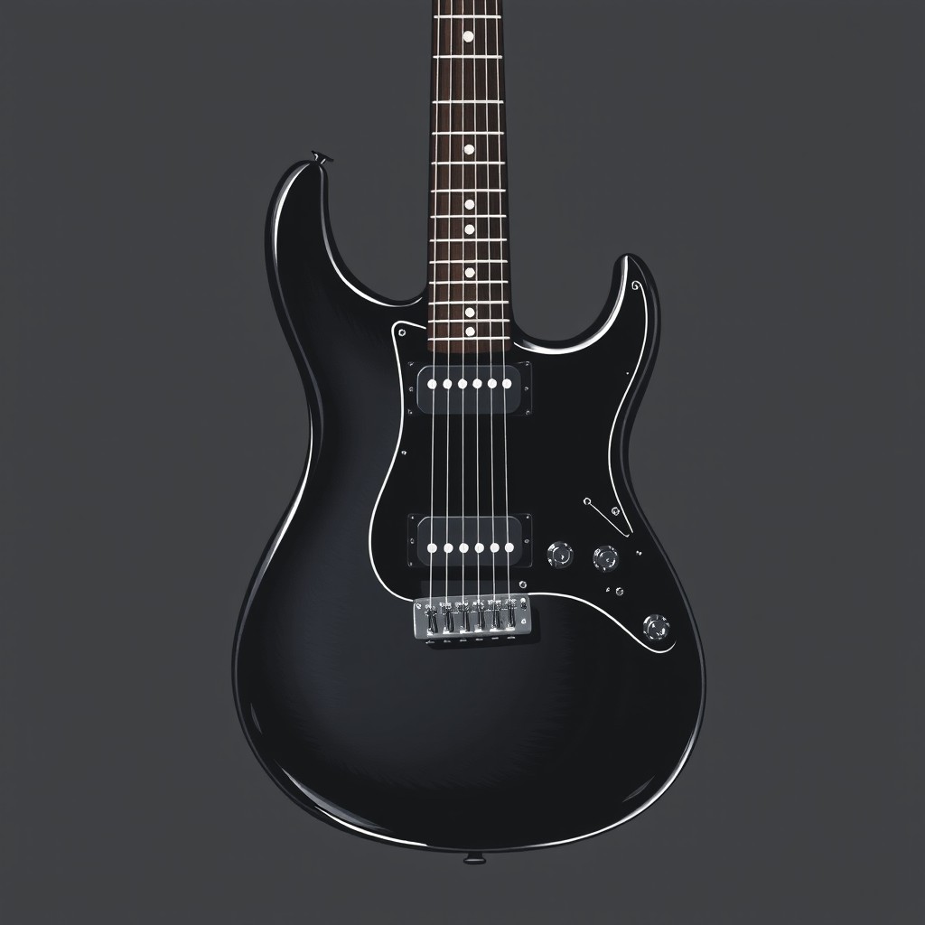A hand-drawn illustration of a complete dark-themed guitar featuring a striking combination of two contrasting colors