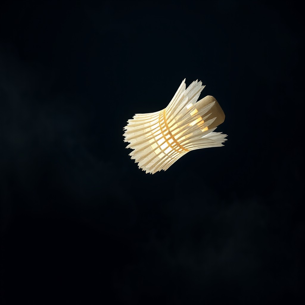 A captivating image of a shuttlecock falling gracefully, surrounded by a dark aura background that enhances the dramatic effect