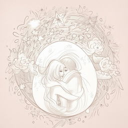 Artistic sketch of a loving couple embraced in a hug, surrounded by symbolic roses, clouds, and stars.