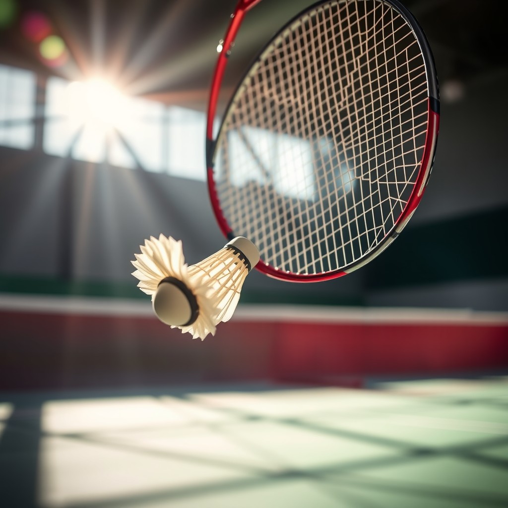 An action-packed scene depicting a shuttlecock falling as a badminton racket swings in to hit it
