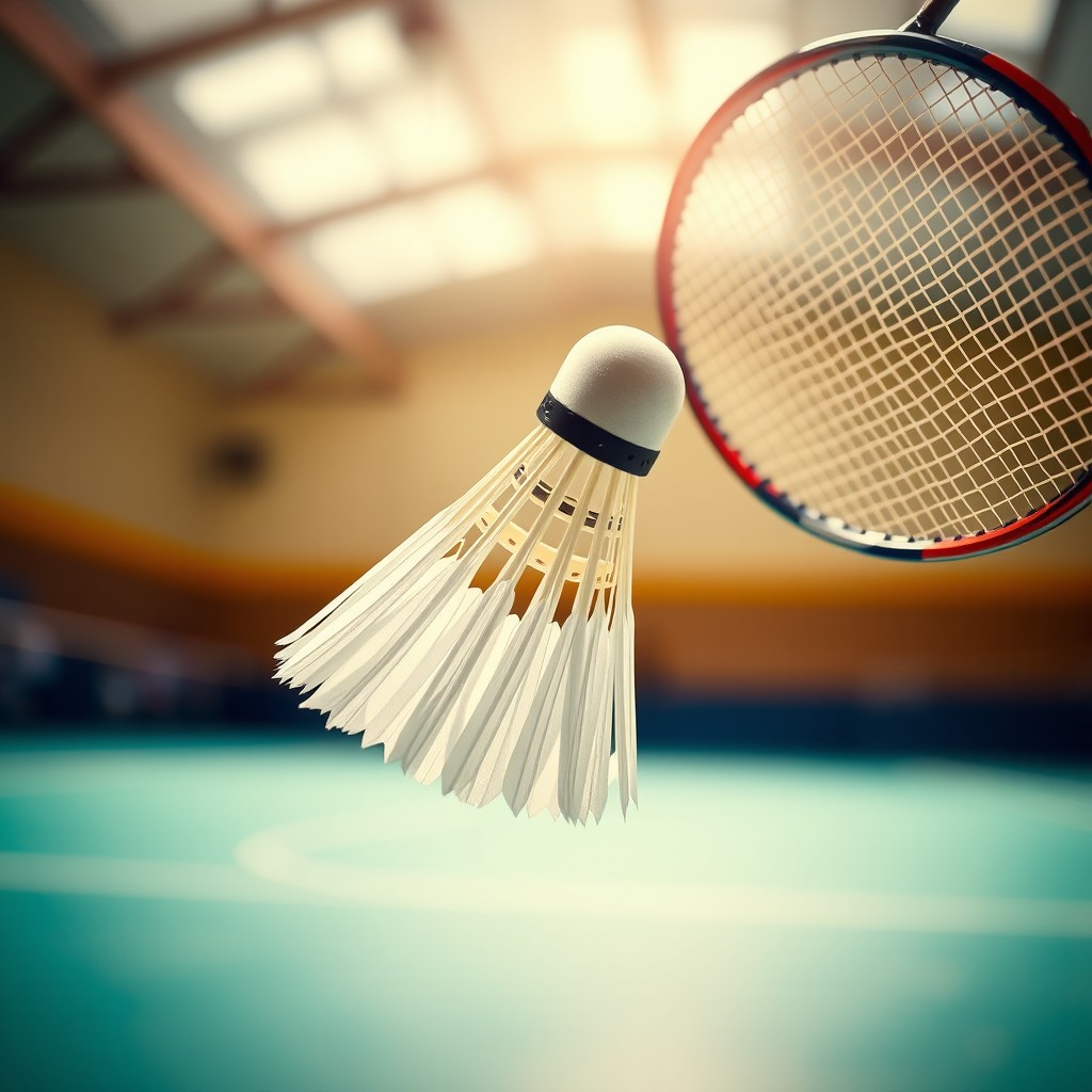 An exciting action scene featuring a shuttlecock falling as a badminton racket is poised to hit it