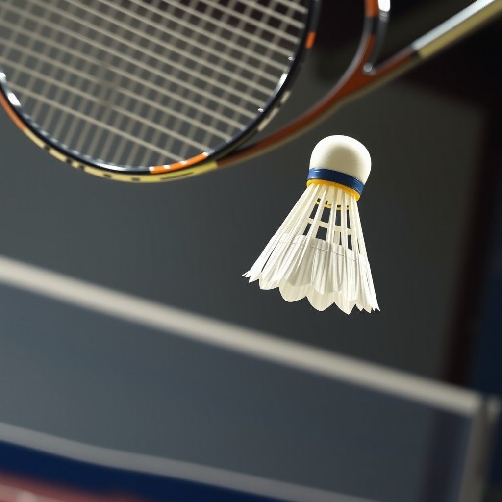 An intense sports scene illustrating a shuttlecock descending as a badminton racket swings to strike it