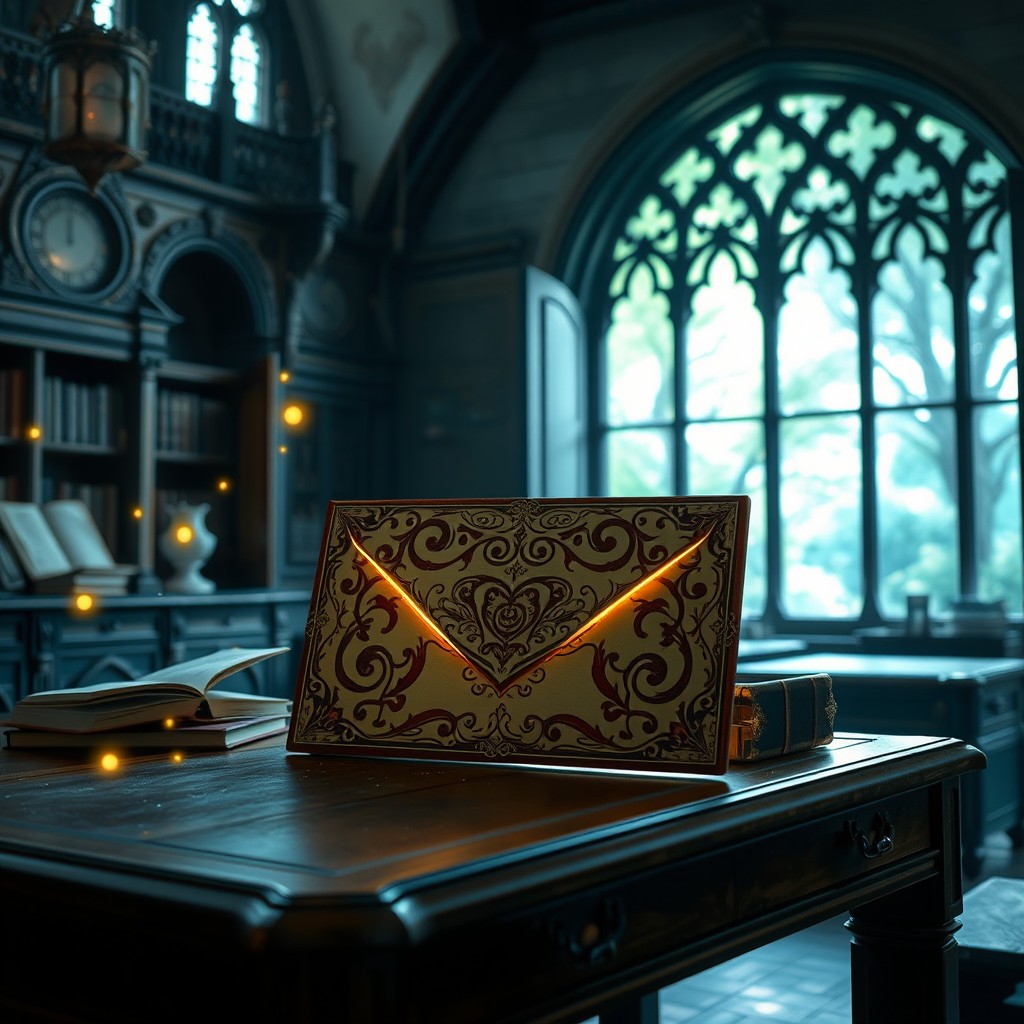 A mysterious, beautifully ornate envelope sitting on an antique wooden desk in a fantasy school setting