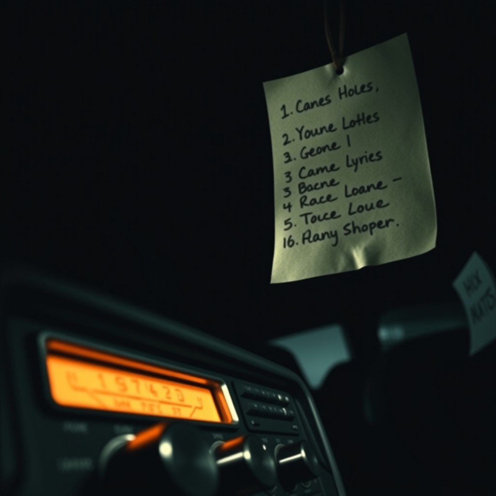 A mysterious movie poster featuring a close-up of an old car radio in the foreground, showing its buttons and dials glistening in the dim light