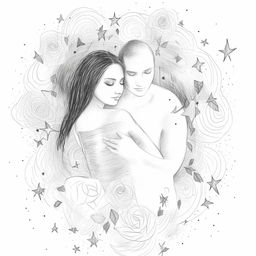 Artistic sketch of a loving couple embraced in a hug, surrounded by symbolic roses, clouds, and stars.