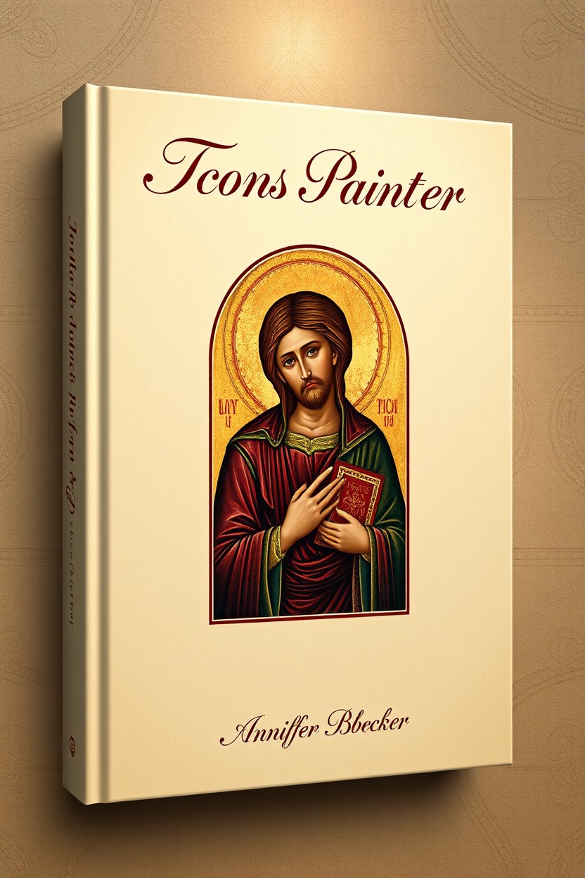 An artistic book cover design for an icon painter, featuring a serene and tranquil scene inspired by traditional Orthodox iconography