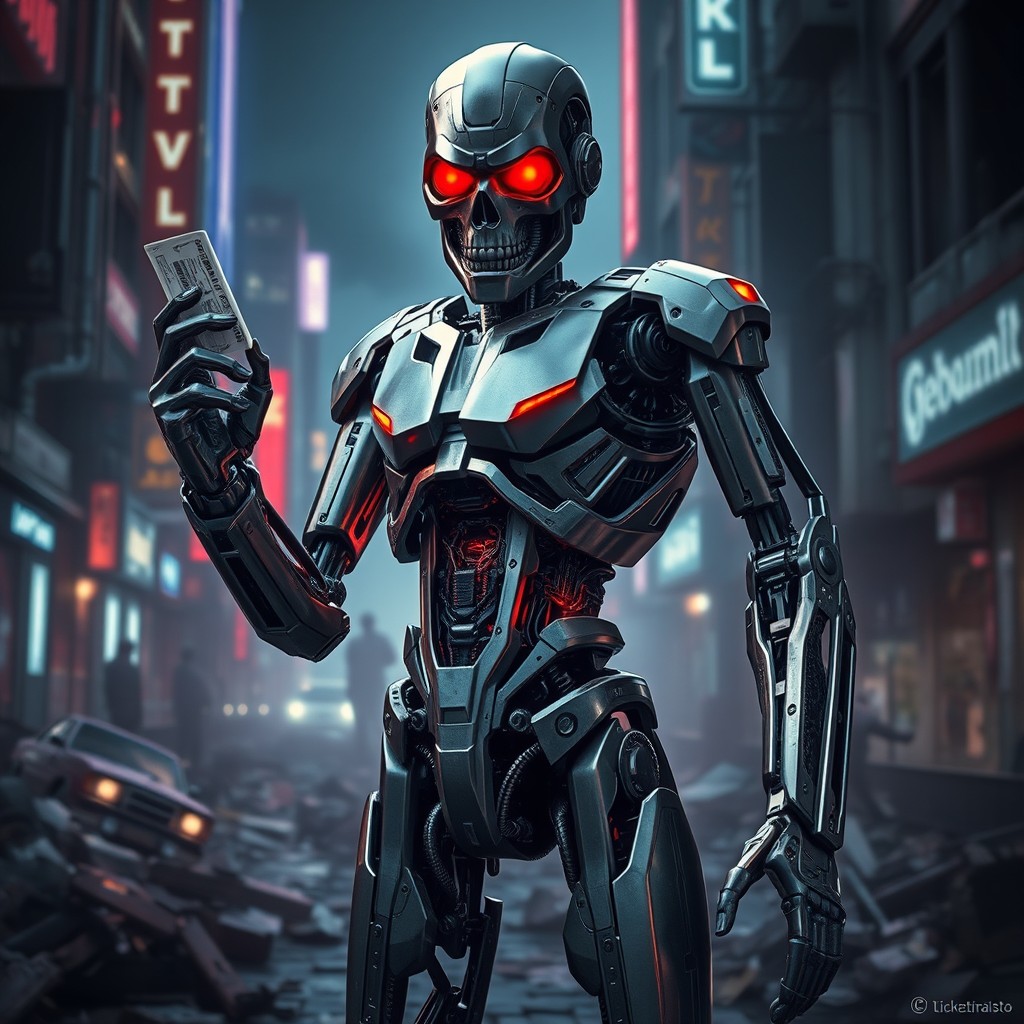A futuristic robot inspired by the Terminator, known as 'Ticketinator', designed with sleek metal armor, glowing red eyes, and intricate circuitry visible beneath its exterior