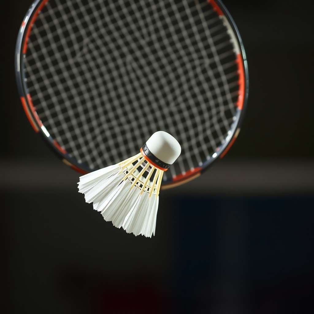 A striking center-composed image showcasing a shuttlecock in the process of falling as a badminton racket strikes it directly in the middle of the frame