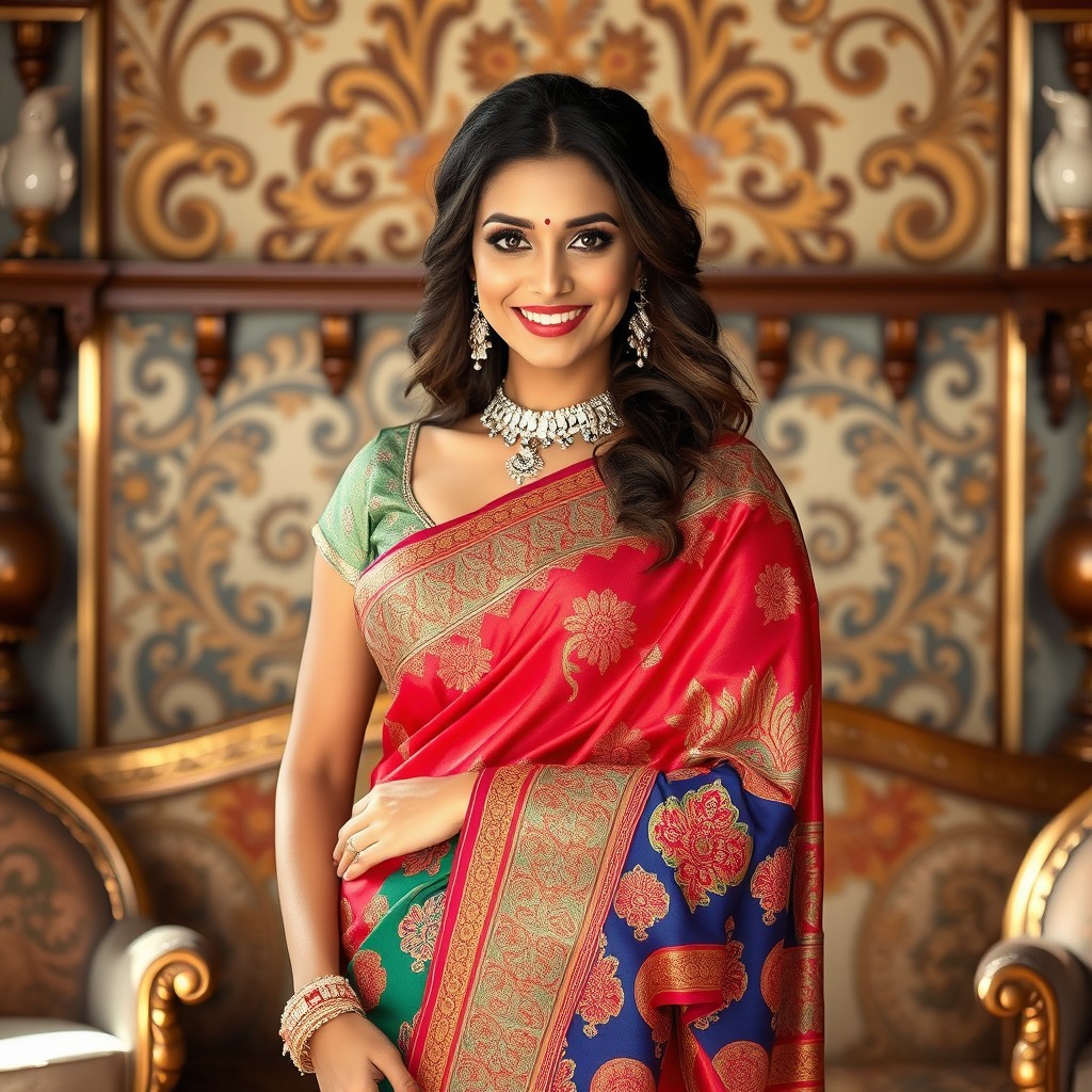 A stunning woman dressed in an intricately designed saree, showcasing vibrant colors and exquisite patterns