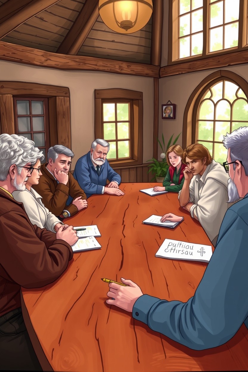 A practical scenario depicting a pastoral meeting, featuring adults engaged in a discussion around a long wooden table, with a warm and inviting atmosphere